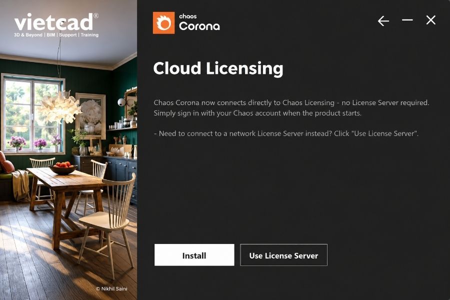 M&agrave;n h&igrave;nh lựa chọn phương thức licensing khi c&agrave;i đặt Chaos Corona, gồm Cloud Licensing v&agrave; License Server