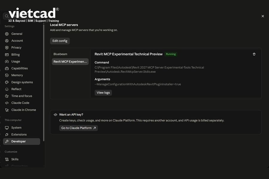 Kết nối Revit MCP tr&ecirc;n Claude Desktop, v&agrave;o Settings &rarr; chọn Developer mode