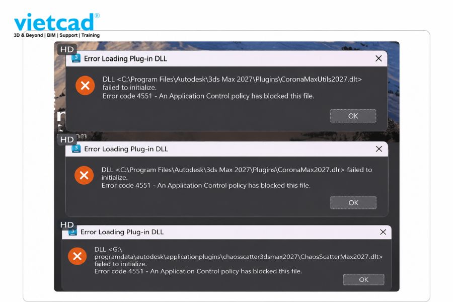 Lỗi error loading plug-in DLL khiến 3ds Max kh&ocirc;ng thể tải plug-in của V-Ray, Corona hoặc Chaos Scatter