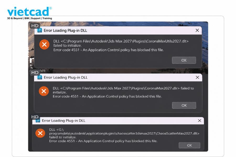 Lỗi error loading plug-in DLL khiến 3ds Max kh&ocirc;ng thể tải plug-in của V-Ray, Corona hoặc Chaos Scatter