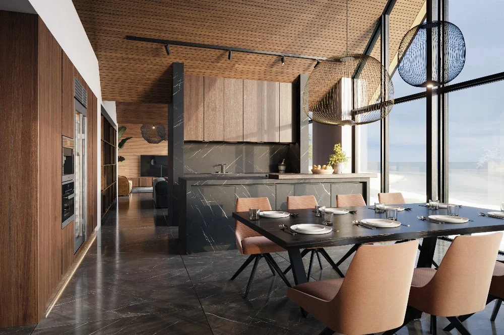 H&igrave;nh ảnh kiến tr&uacute;c 3ds Max của một ph&ograve;ng ăn với s&agrave;n đ&aacute; cẩm thạch đen v&agrave; đồ nội thất bằng gỗ