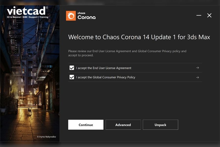 Giao diện Welcome của Chaos Corona, nơi người d&ugrave;ng đọc v&agrave; đồng &yacute; với c&aacute;c điều khoản trước khi bắt đầu c&agrave;i đặt