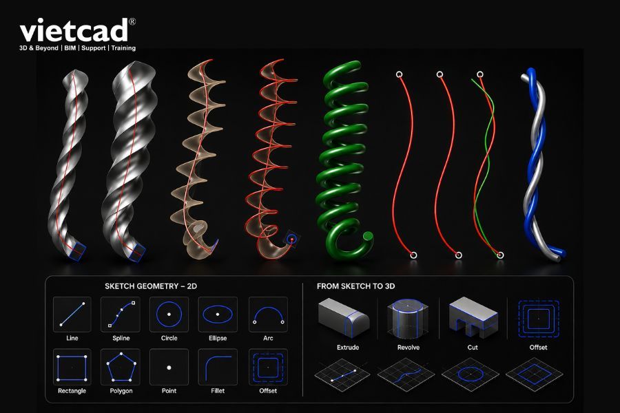 C&aacute;c c&ocirc;ng cụ Sketch, Extrude, Revolve, Sweep v&agrave; Loft trong Autodesk Inventor hỗ trợ thiết kế chi tiết cơ kh&iacute; 3D theo phương ph&aacute;p tham số