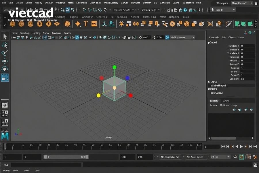 Điều chỉnh k&iacute;ch
    thước Polygon Cube bằng Scale Tool trong Maya