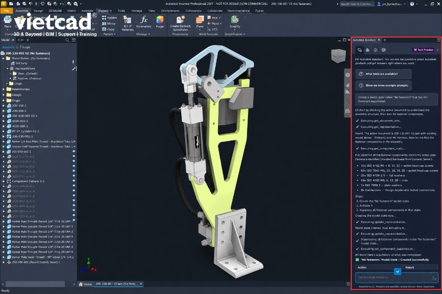 Autodesk Assistant hỗ trợ tương t&aacute;c với dữ liệu thiết kế bằng ng&ocirc;n ngữ tự nhi&ecirc;n, gi&uacute;p người d&ugrave;ng truy vấn th&ocirc;ng tin m&ocirc; h&igrave;nh v&agrave; khai th&aacute;c dữ liệu kỹ thuật