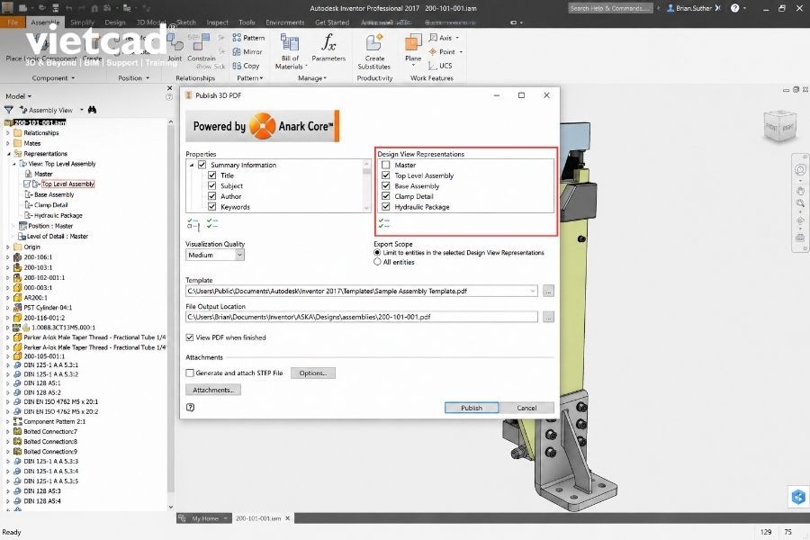 Lựa chọn c&aacute;c Design View Representations để x&aacute;c định những trạng th&aacute;i v&agrave; g&oacute;c nh&igrave;n của m&ocirc; h&igrave;nh được xuất sang 3D PDF