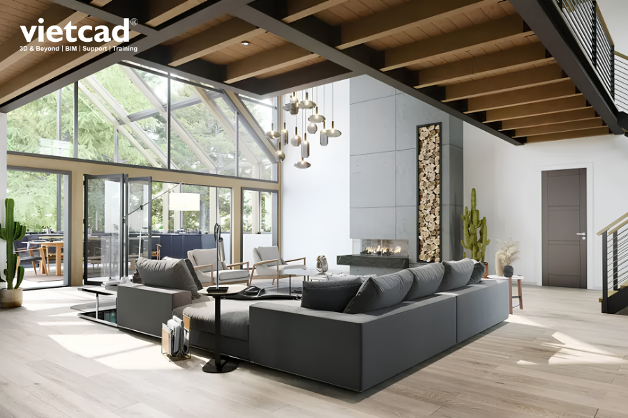 Kh&ocirc;ng gian ph&ograve;ng kh&aacute;ch trần cao với cửa k&iacute;nh lớn, minh họa kết quả render nội thất bằng Chaos Corona